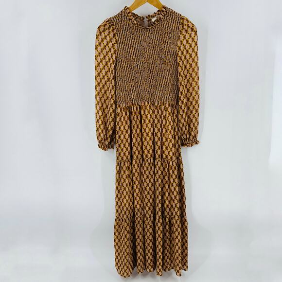 Melloday Smocked Long Sleeve Maxi Dress Retro Geometric Print Brown XS - Picture 2 of 13